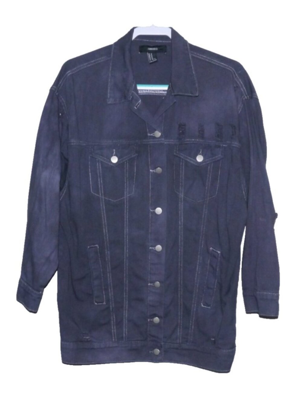 Forever 21 cotton blue jean shirt jacket shacket distressed look holes Women's M